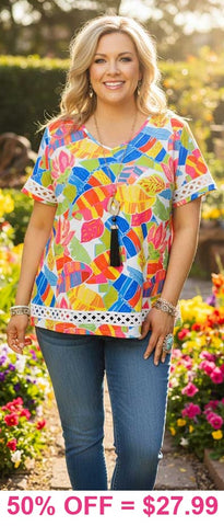 Colorful top with lace trim