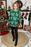 Green Bow print long sleeve top