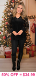 Gold Sequin Holiday Long Sleeve Black Top
