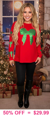 Red long sleeve with sequin green bows