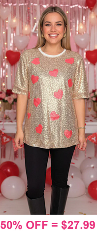 Gold Sequin Top with Pink Glitter Hearts