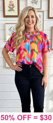 Colorful mock neck top ruffle sleeves