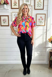 Colorful mock neck top ruffle sleeves