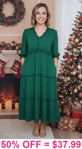 S, M, 2X, 3X : Green ruffle trim tiered dress