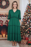 S, M, 2X, 3X : Green ruffle trim tiered dress