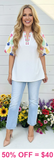 S,M,2X,3X : White Blouse Colorful Embroidery puff sleeves