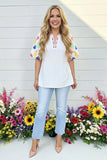 S,M,2X,3X : White Blouse Colorful Embroidery puff sleeves