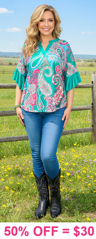 Turquoise Paisley blouse bell sleeves