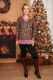 Brown leopard long sleeve top with pink trim