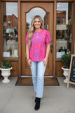 Pink & Purple Print Top With Puff Sleeves