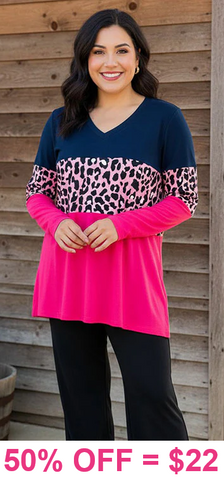 Navy, Leopard, pink long sleeve top