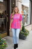 Pink & Purple Print Top With Puff Sleeves