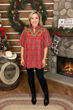 Red Plaid baby doll top with embroidery-OVERSIZED