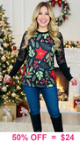 Christmas poinsetta top with Black lace sleeves