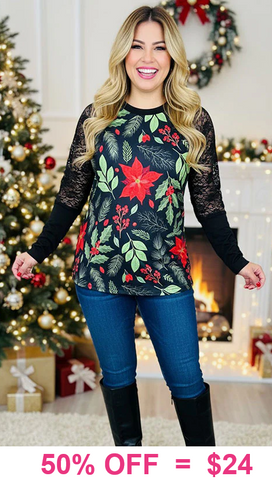 Christmas poinsetta top with Black lace sleeves