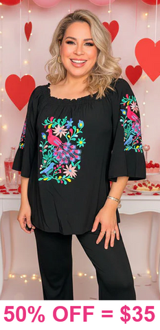 Black blouse with floral peacock embroidery