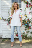 S,M,2X,3X : White Blouse Colorful Embroidery puff sleeves