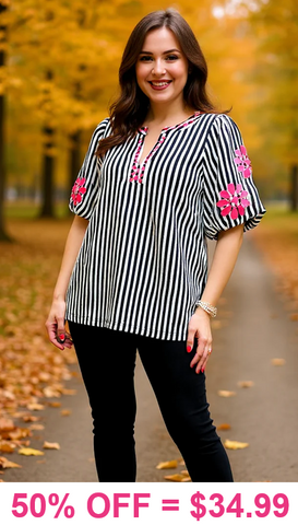 Striped Blouse with pink embroidery sleeves