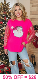 S,XL,2X,3X : Pink Santa Top with Gold leopard sleeves