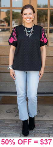 Black textured Top Pink Embroidery puff sleeves