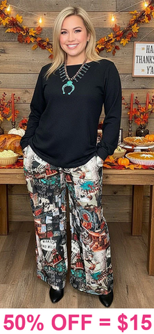 CYBER SALE : Western Print Wide leg pants