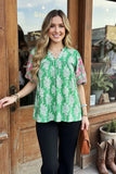 L, 2X Green Blouse with Pink embroidery puff sleeves