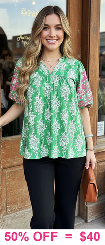 Green Blouse with Pink embroidery puff sleeves