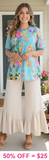 S, M, L,  3X Turquoise Top with Pink Purple Floral and Gold scroll