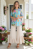 S, M, L,  3X Turquoise Top with Pink Purple Floral and Gold scroll