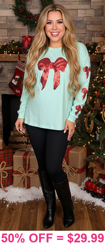 Mint long sleeve with sequin red bows