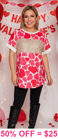 Heart ❤️ Print Top With Gold Sequin Stripe