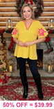 Mustard blouse Hot pink embroidery flowers