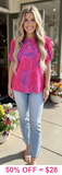 Pink & Purple Print Top With Puff Sleeves