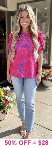 Pink & Purple print top with puff sleeves