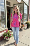 Pink & Purple Print Top With Puff Sleeves