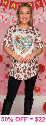 Cattle & Chaos" cow print top