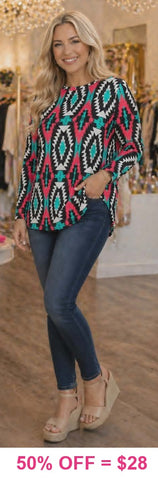 Turquoise Coral Tribal Long Sleeve Top