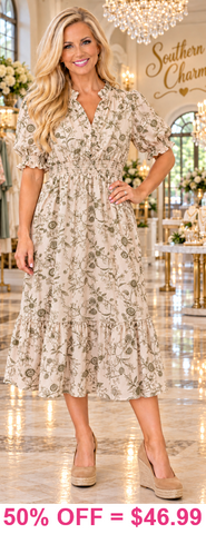 Cream & Olive floral ruffle midi dress