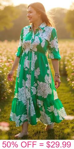 3X : Green & White Floral Button Down Dress
