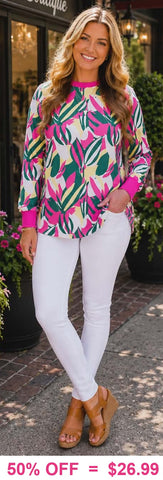 Pink & Green printed long sleeve top