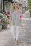 S,M L, XL  Grey stripe baby doll top with pink embroidery