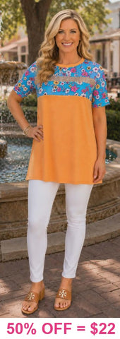 Orange top with blue floral and sequin stripe