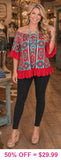 Red & Turquoise Tribal Ruffle Trim Top