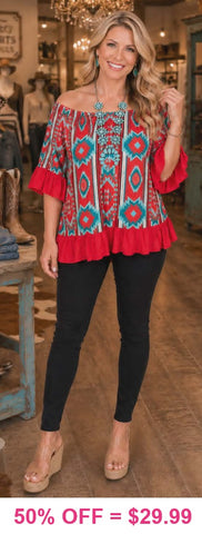 Red & Turquoise Tribal Ruffle Trim Top
