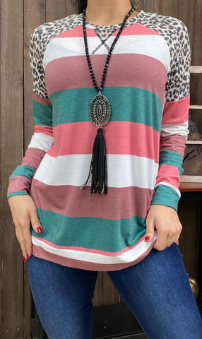 3X :  STRIPED LONG SLEEVE WITH LEOPARD SHOULDERS