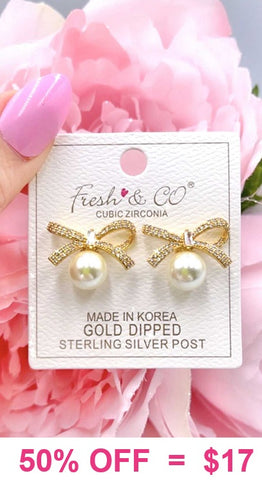 Bling Bow Pearl stud earrings (silver or gold)