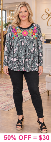 Floral Embroidery Grey Leopard long sleeve top