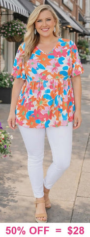 Blue, Orange, Pink Floral Baby Doll Top