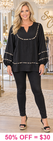 Black bubble sleeve blouse with leopard piping