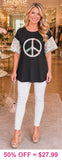 Peace sign floral fabric puff sleeve black top